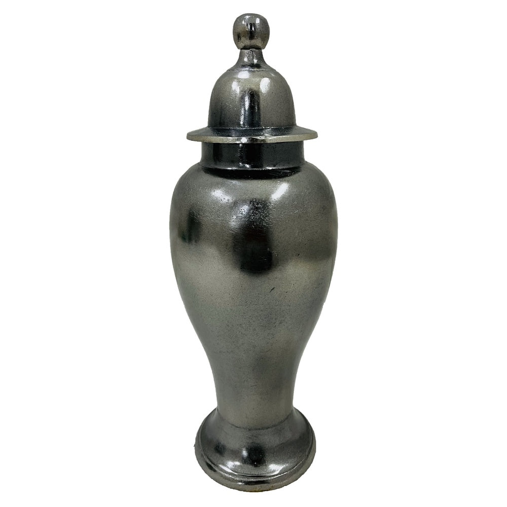 Anila Traditional Temple Jar with Dome Lid, Black Chrome Metal 21 Inch-BM353510
