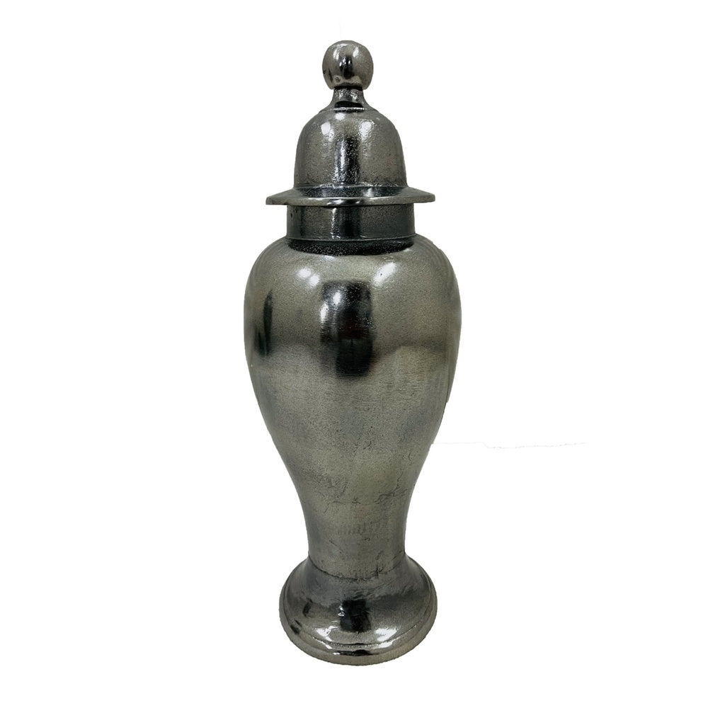 Anila Traditional Temple Jar with Dome Lid, Black Chrome Metal 17 Inch-BM353511