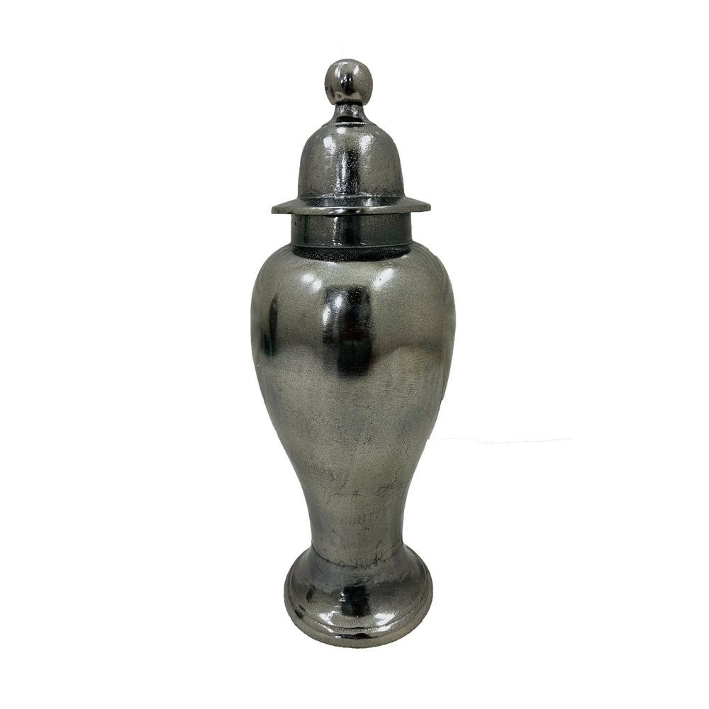 Anila Traditional Temple Jar with Dome Lid, Black Chrome Metal 17 Inch-BM353511