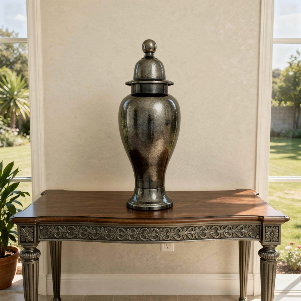 Anila Traditional Temple Jar with Dome Lid, Black Chrome Metal 17 Inch-BM353511