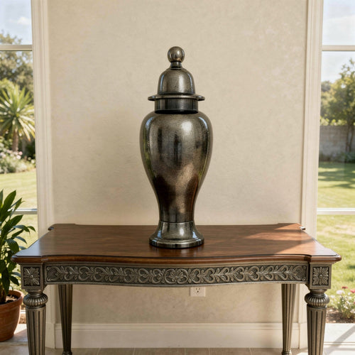 Anila Traditional Temple Jar with Dome Lid, Black Chrome Metal 17 Inch-BM353511