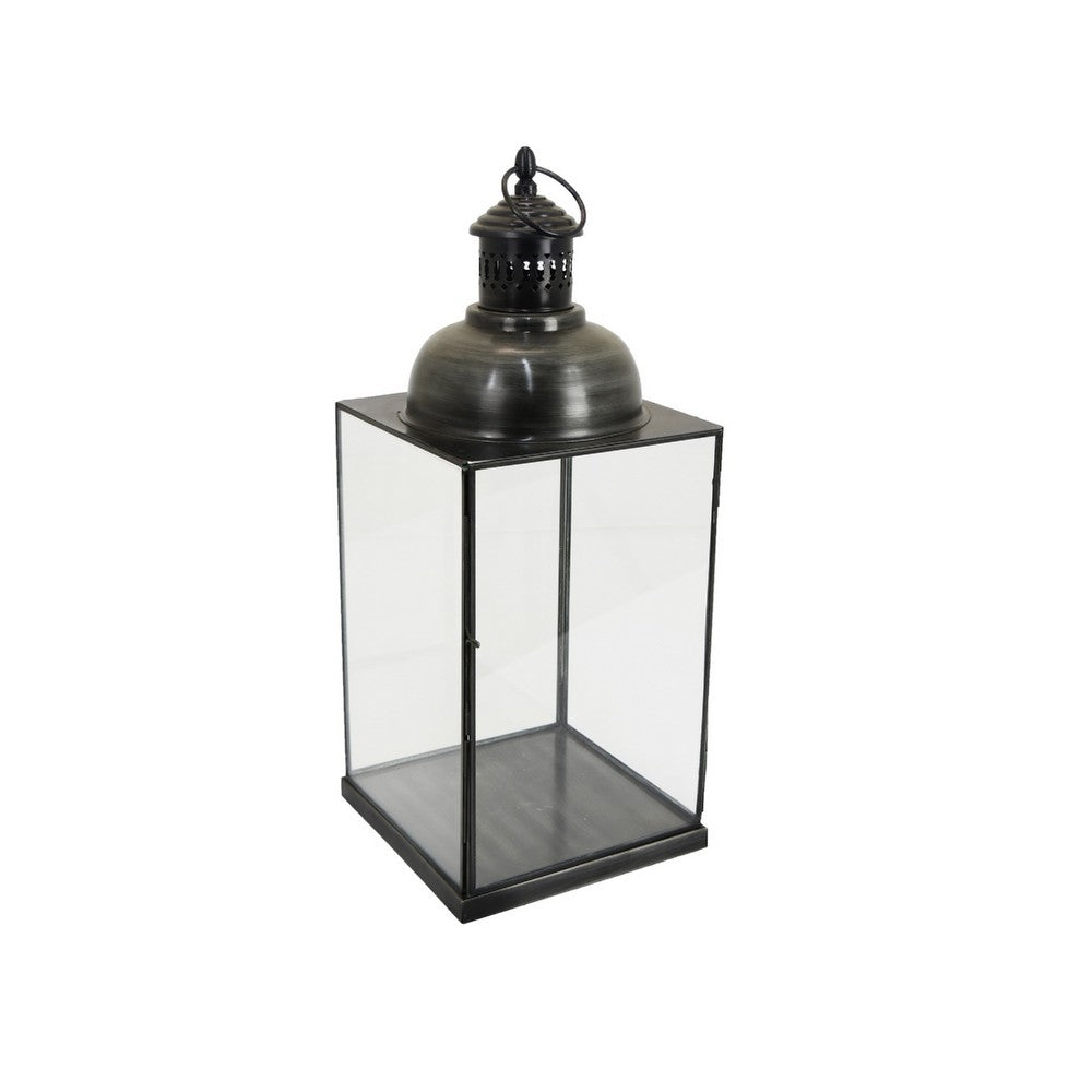 Glenn Vintage Style Lantern, Glass Panels, Handle Top Ring, Gray Metal 15 Inch - BM353516