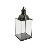 Glenn Vintage Style Lantern, Glass Panels, Handle Top Ring, Gray Metal 15 Inch - BM353516