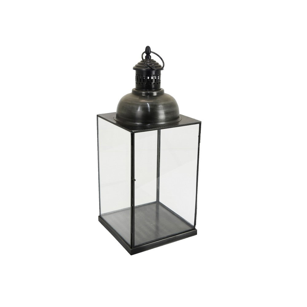 Glenn Vintage Style Lantern, Glass Panels, Handle Top Ring, Gray Metal 15 Inch - BM353516