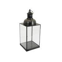Glenn Vintage Style Lantern, Glass Panels, Handle Top Ring, Gray Metal 15 Inch - BM353516