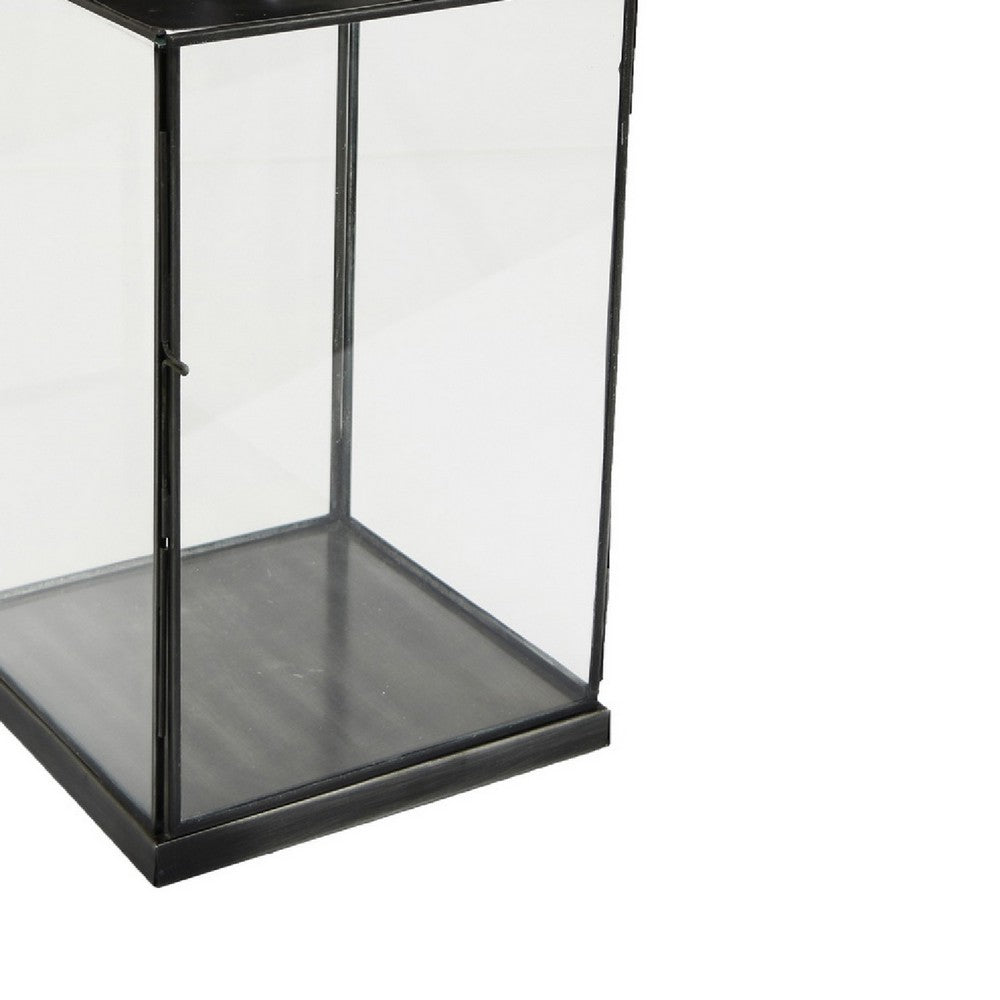 Glenn Vintage Style Lantern, Glass Panels, Handle Top Ring, Gray Metal 15 Inch - BM353516