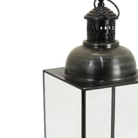 Glenn Vintage Style Lantern, Glass Panels, Handle Top Ring, Gray Metal 15 Inch - BM353516