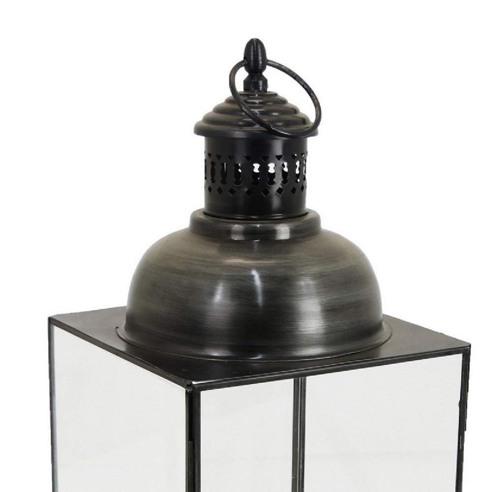 Glenn Vintage Style Lantern, Glass Panels, Handle Top Ring, Gray Metal 15 Inch - BM353516