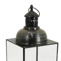 Glenn Vintage Style Lantern, Glass Panels, Handle Top Ring, Gray Metal 15 Inch - BM353516