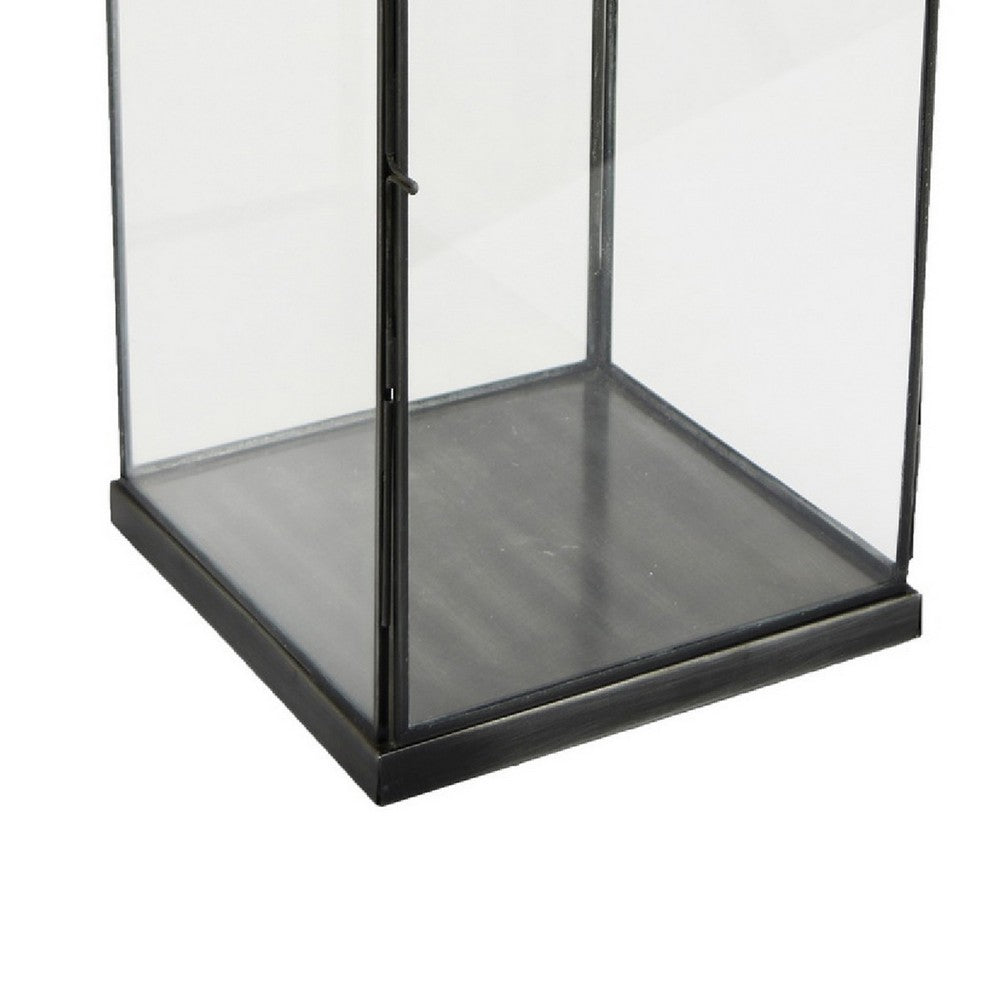 Glenn Vintage Style Lantern, Glass Panels, Handle Top Ring, Gray Metal 15 Inch - BM353516