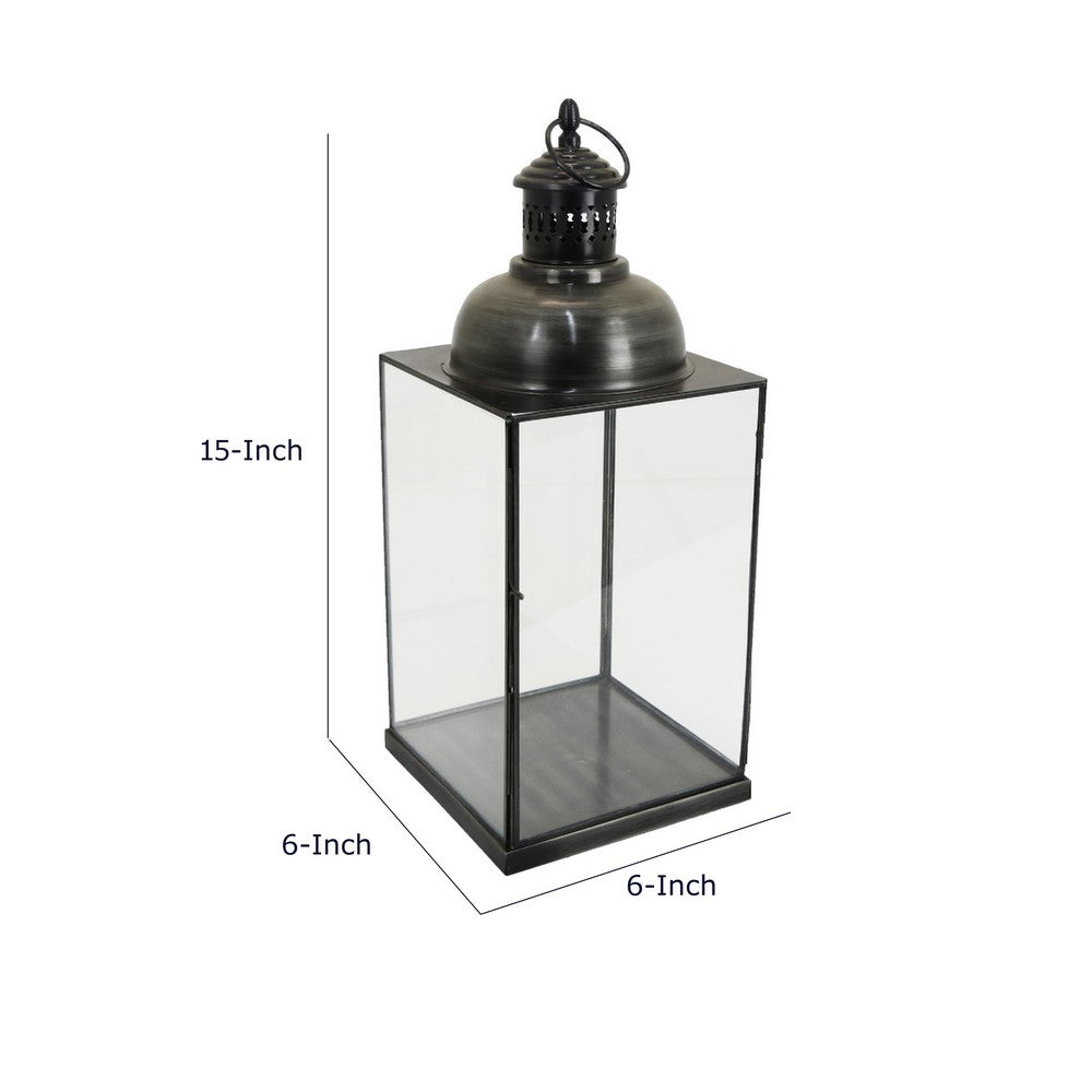 Glenn Vintage Style Lantern, Glass Panels, Handle Top Ring, Gray Metal 15 Inch - BM353516