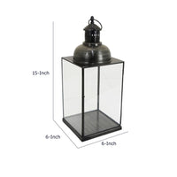 Glenn Vintage Style Lantern, Glass Panels, Handle Top Ring, Gray Metal 15 Inch - BM353516