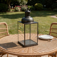 Glenn Vintage Style Lantern, Glass Panels, Handle Top Ring, Gray Metal 15 Inch - BM353516