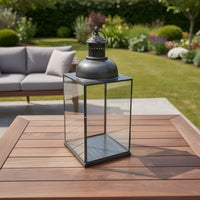 Glenn Vintage Style Lantern, Glass Panels, Handle Top Ring, Gray Metal 15 Inch - BM353516