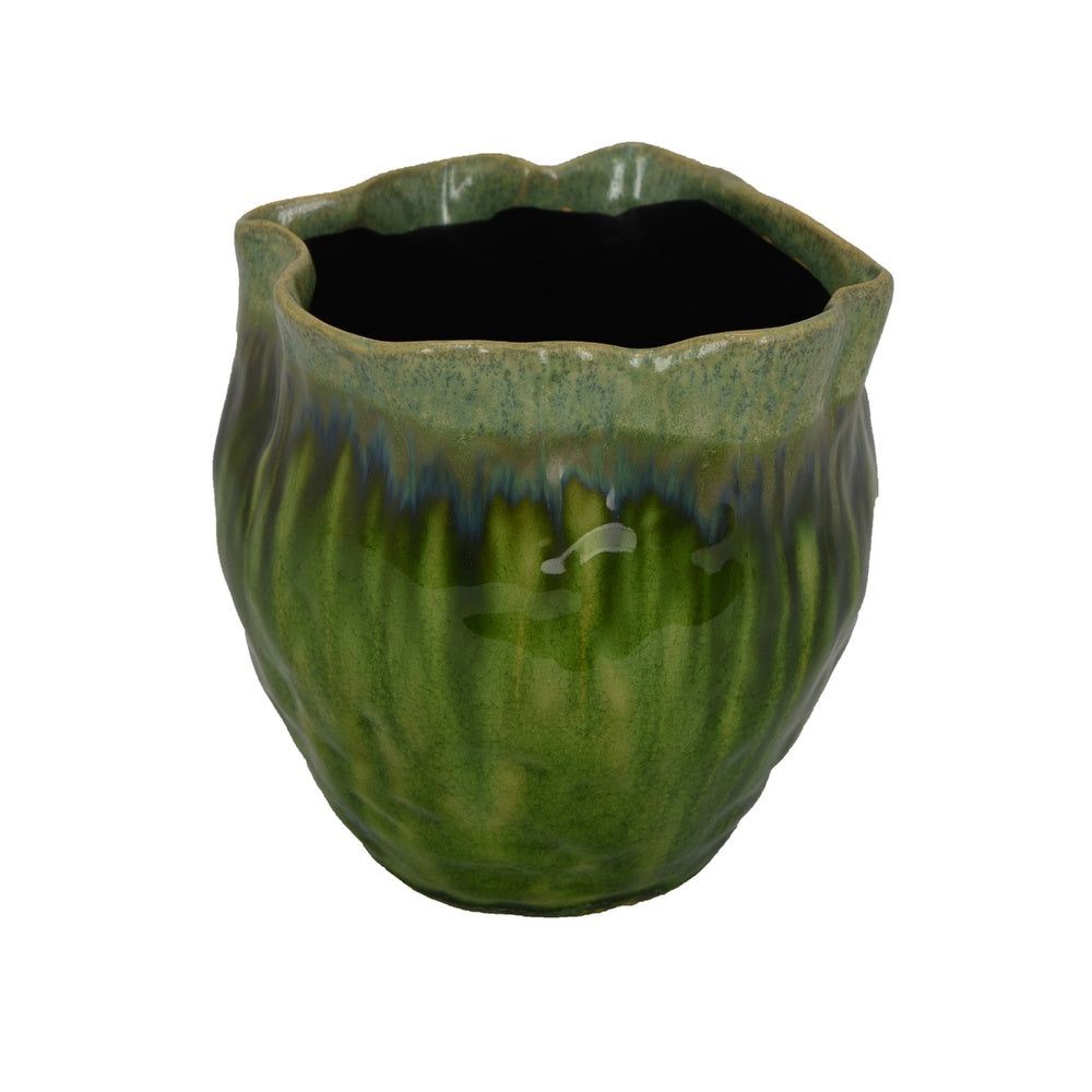 Ashly Decorative Planter with Scalloped Rim, Green Textured Ceramic 8 Inch-BM353517