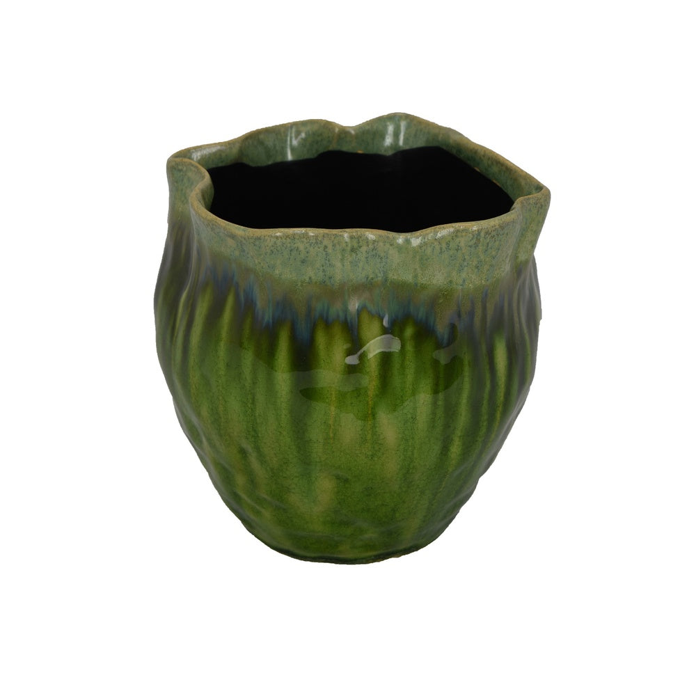 Ashly Decorative Planter with Scalloped Rim, Green Textured Ceramic 8 Inch-BM353517