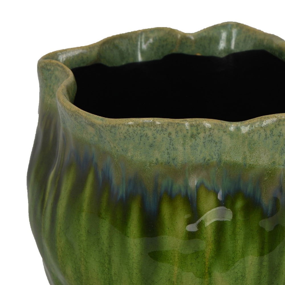Ashly Decorative Planter with Scalloped Rim, Green Textured Ceramic 8 Inch-BM353517