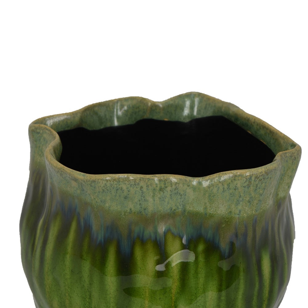 Ashly Decorative Planter with Scalloped Rim, Green Textured Ceramic 8 Inch-BM353517