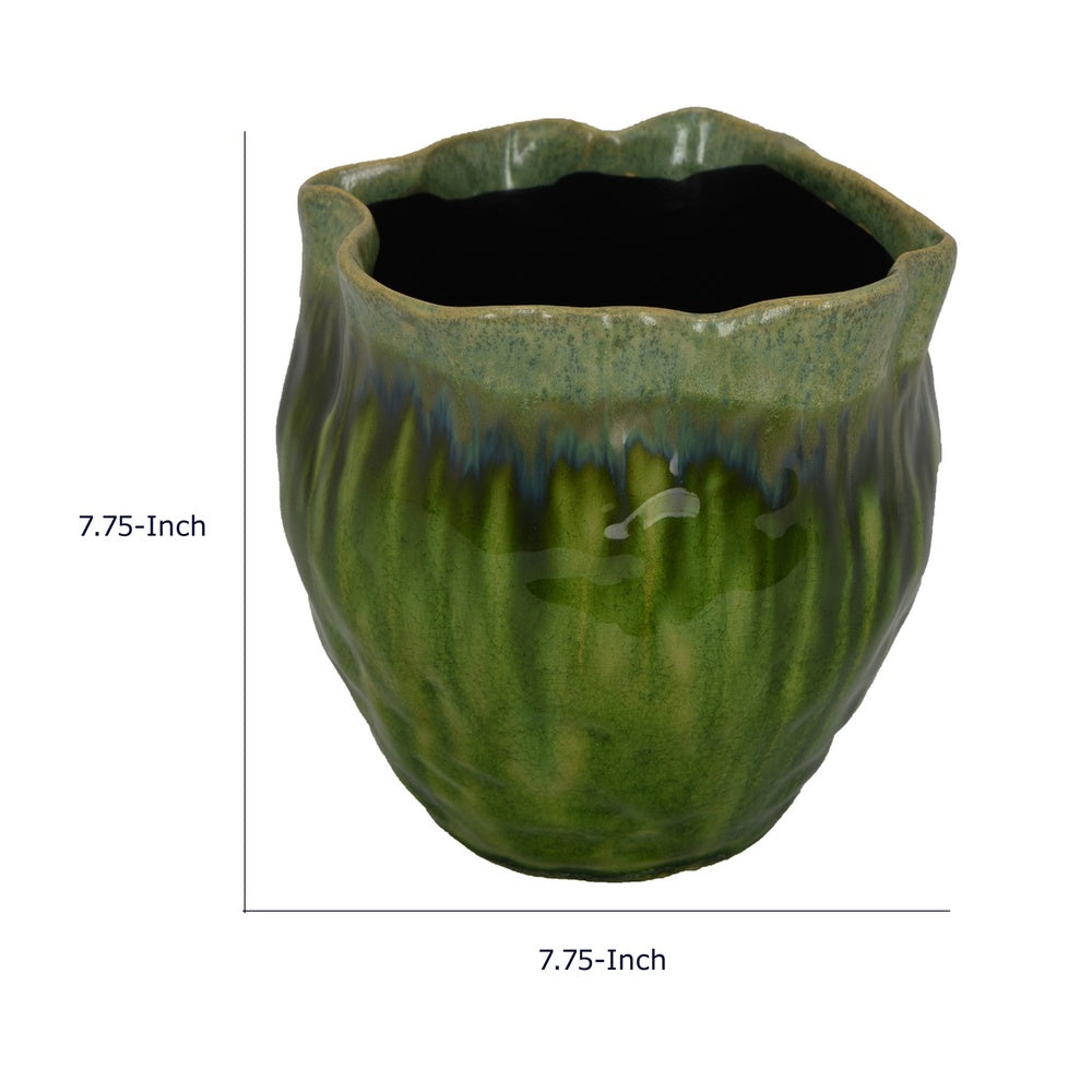 Ashly Decorative Planter with Scalloped Rim, Green Textured Ceramic 8 Inch-BM353517