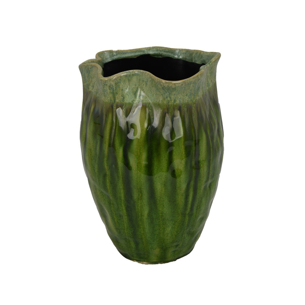 Ashly Decorative Planter with Scalloped Rim, Green Textured Ceramic 11 Inch-BM353518