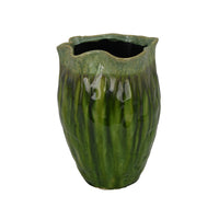 Ashly Decorative Planter with Scalloped Rim, Green Textured Ceramic 11 Inch-BM353518
