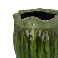 Ashly Decorative Planter with Scalloped Rim, Green Textured Ceramic 11 Inch-BM353518