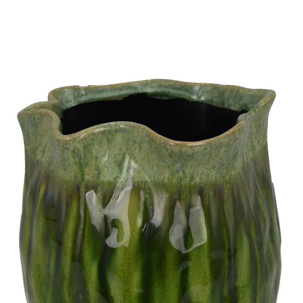 Ashly Decorative Planter with Scalloped Rim, Green Textured Ceramic 11 Inch-BM353518