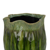 Ashly Decorative Planter with Scalloped Rim, Green Textured Ceramic 11 Inch-BM353518
