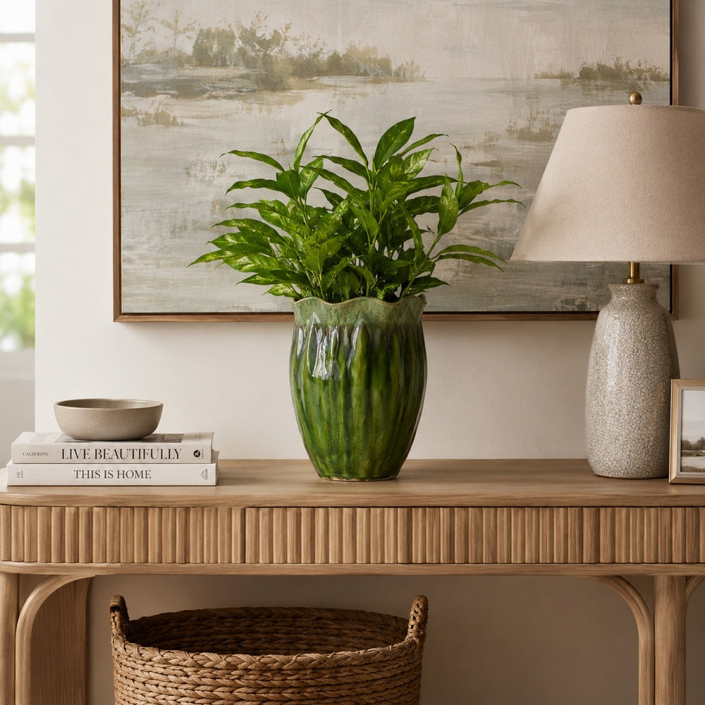 Ashly Decorative Planter with Scalloped Rim, Green Textured Ceramic 11 Inch-BM353518