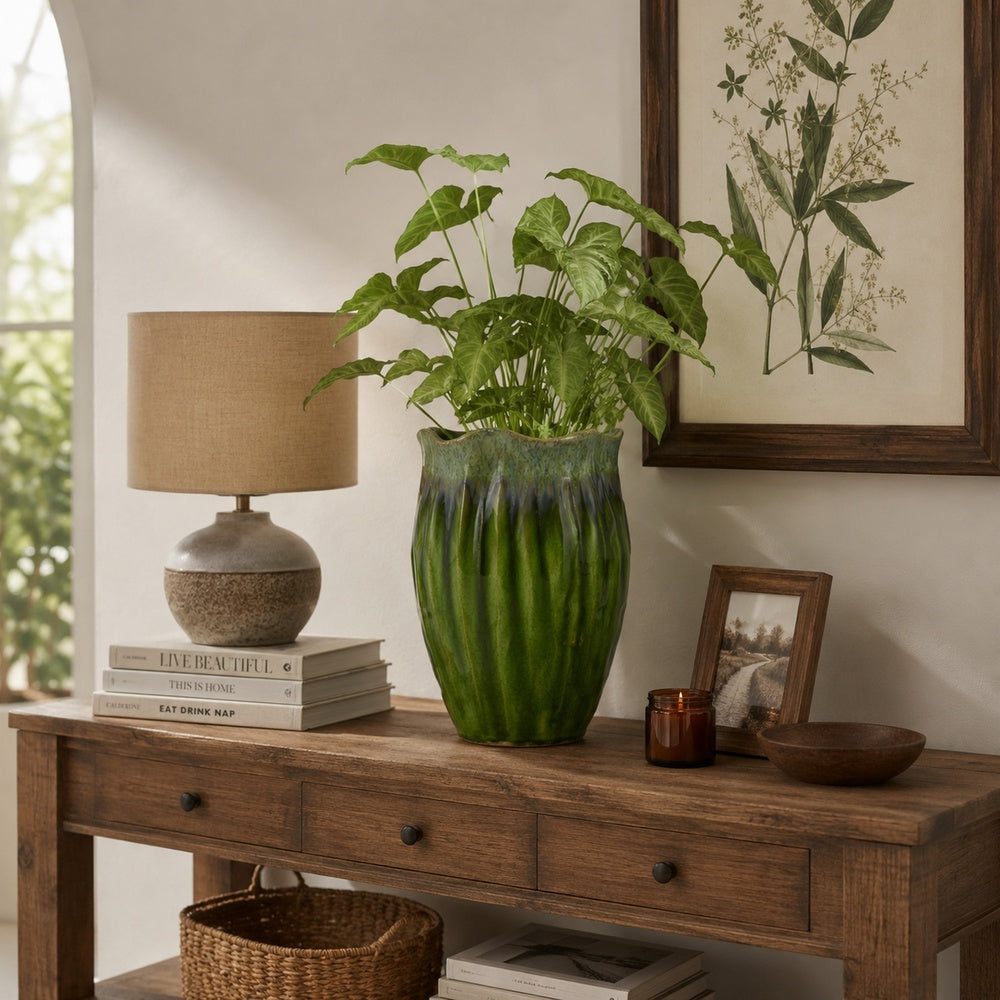 Ashly Decorative Planter with Scalloped Rim, Green Textured Ceramic 11 Inch-BM353518