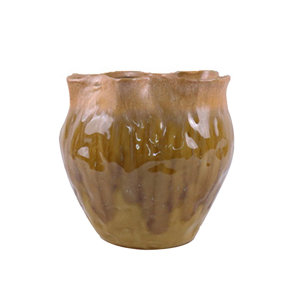 Ashly Decorative Planter with Scalloped Rim, Yellow Textured Ceramic 8 Inch-BM353519