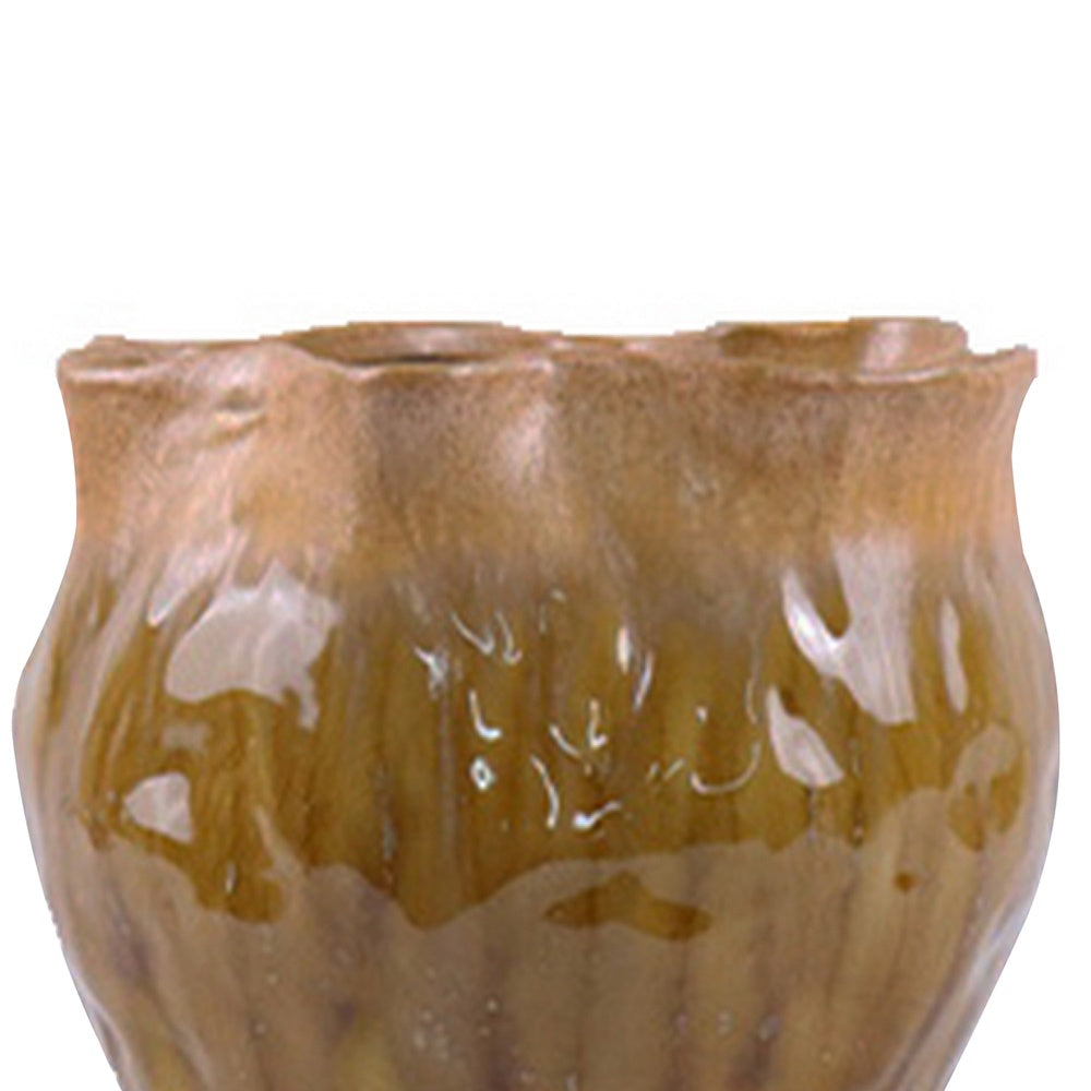 Ashly Decorative Planter with Scalloped Rim, Yellow Textured Ceramic 8 Inch-BM353519