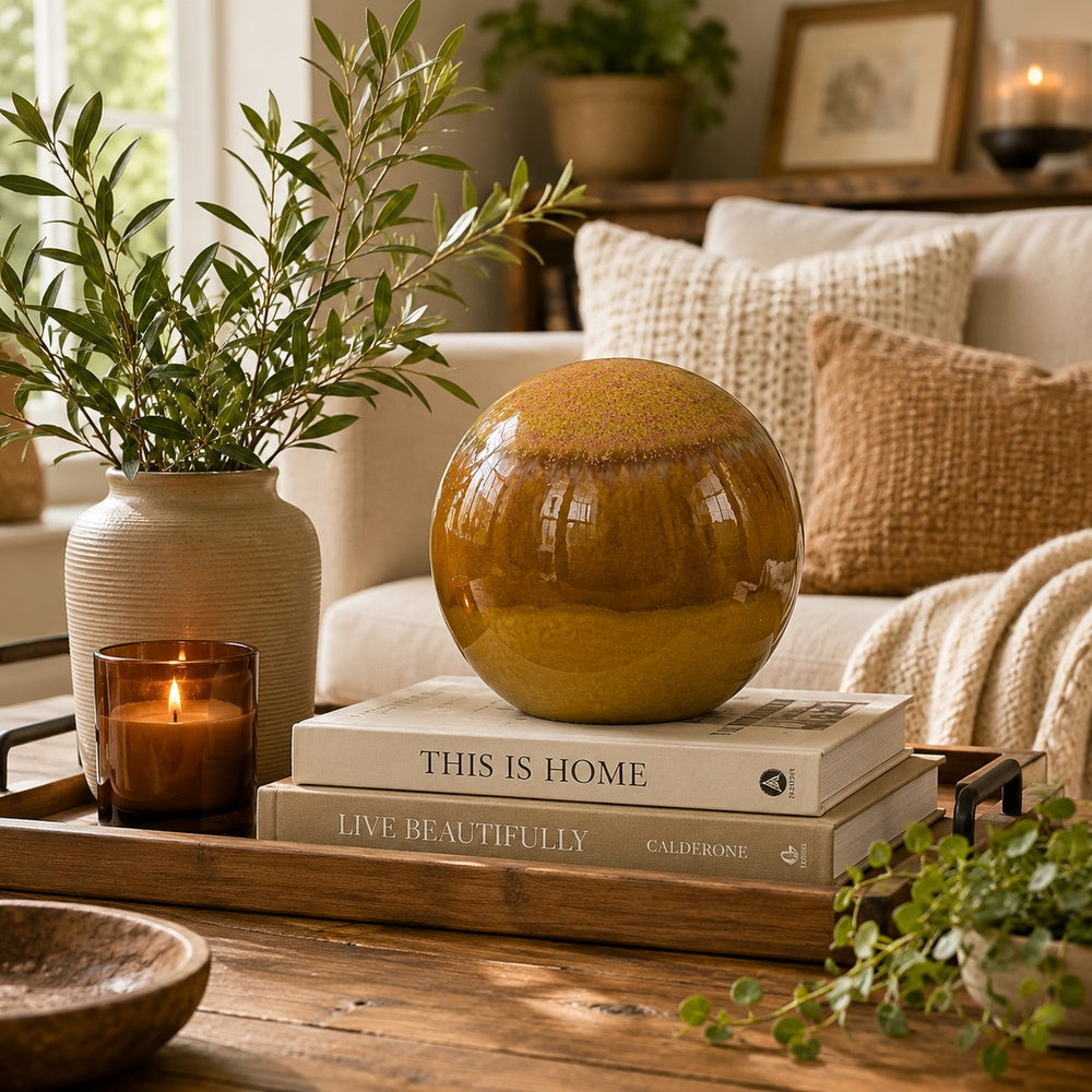 Nash Decorative Orb with Glossy Mustard Yellow Finish, Ceramic 8 Inch-BM353520