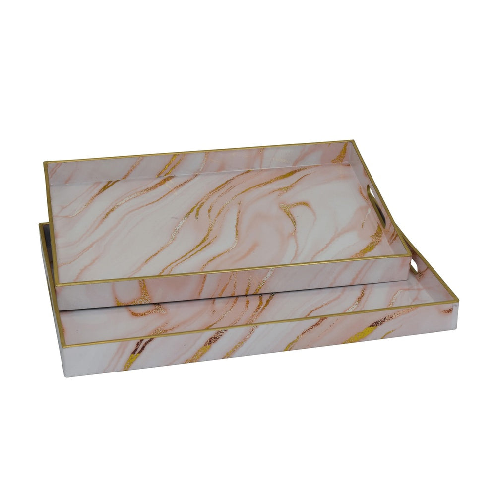 Hamza Rectangular Tray, Set of 2, Pink-Gold Marble Finish Polyurethane-BM353522