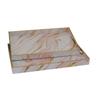 Hamza Rectangular Tray, Set of 2, Pink-Gold Marble Finish Polyurethane-BM353522