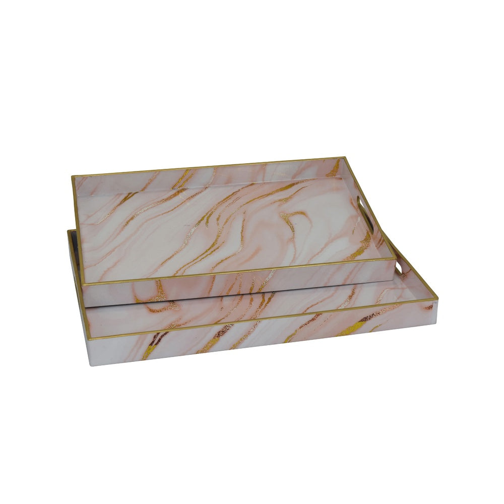 Hamza Rectangular Tray, Set of 2, Pink-Gold Marble Finish Polyurethane-BM353522