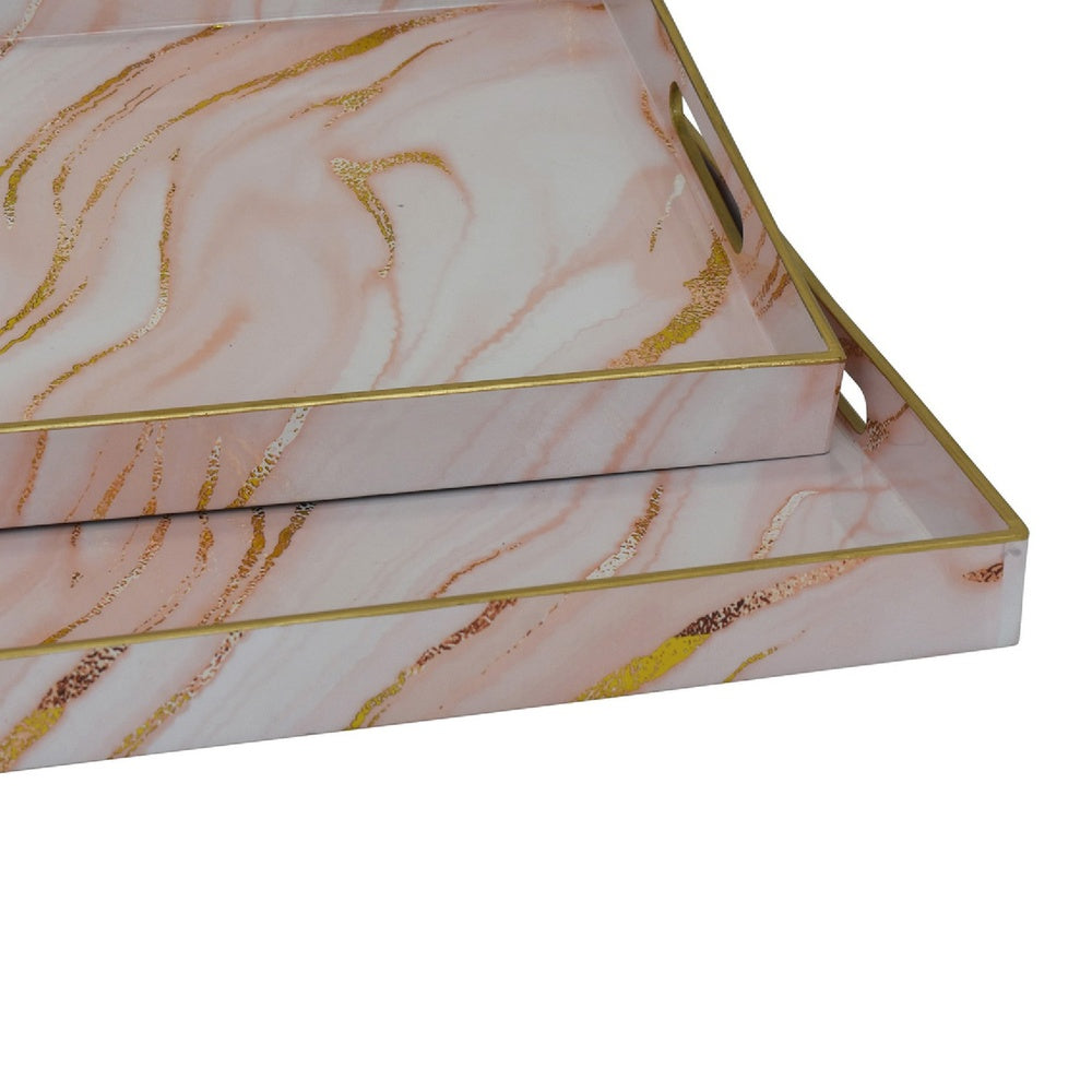 Hamza Rectangular Tray, Set of 2, Pink-Gold Marble Finish Polyurethane-BM353522