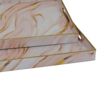 Hamza Rectangular Tray, Set of 2, Pink-Gold Marble Finish Polyurethane-BM353522
