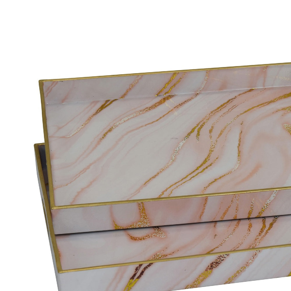Hamza Rectangular Tray, Set of 2, Pink-Gold Marble Finish Polyurethane-BM353522