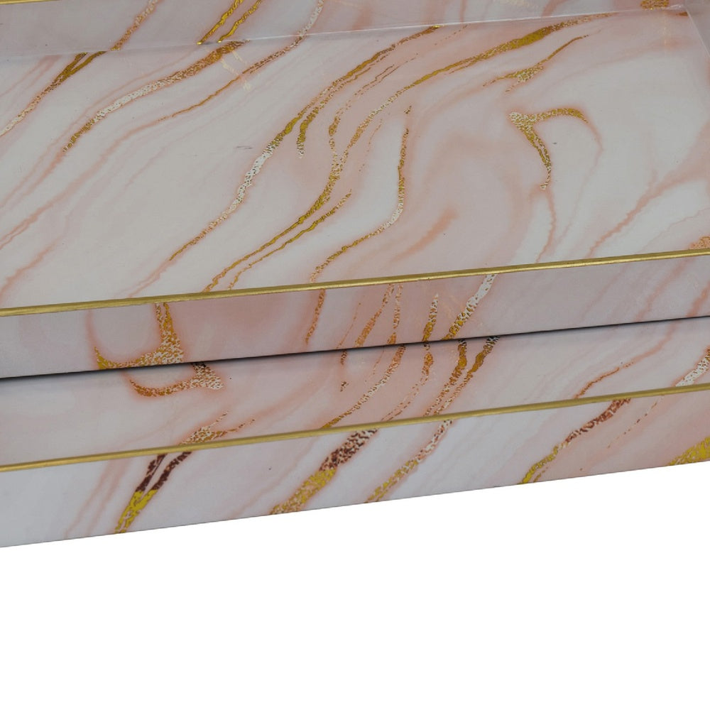 Hamza Rectangular Tray, Set of 2, Pink-Gold Marble Finish Polyurethane-BM353522