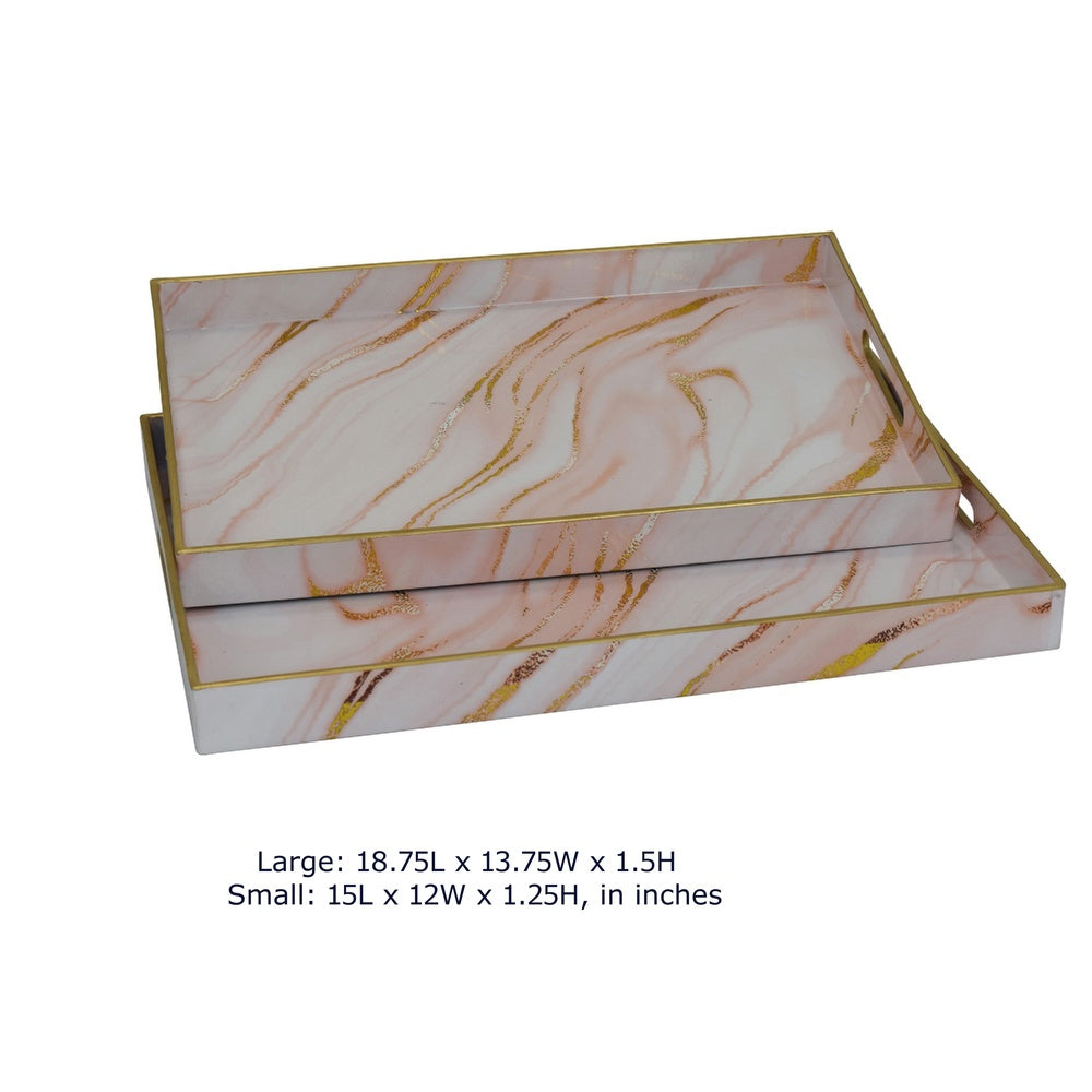 Hamza Rectangular Tray, Set of 2, Pink-Gold Marble Finish Polyurethane-BM353522