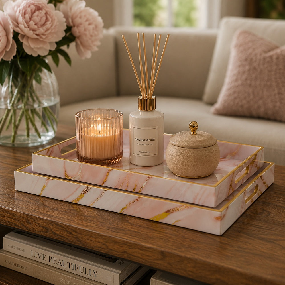 Hamza Rectangular Tray, Set of 2, Pink-Gold Marble Finish Polyurethane-BM353522