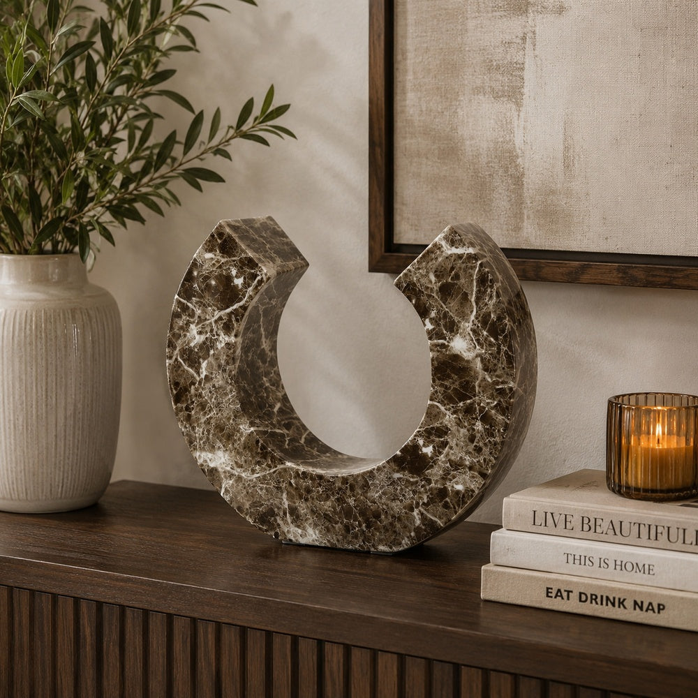 Tabletop Decor Accent, Open-Curved Frame, Brown Marble-Like Resin 14 Inch-BM353523