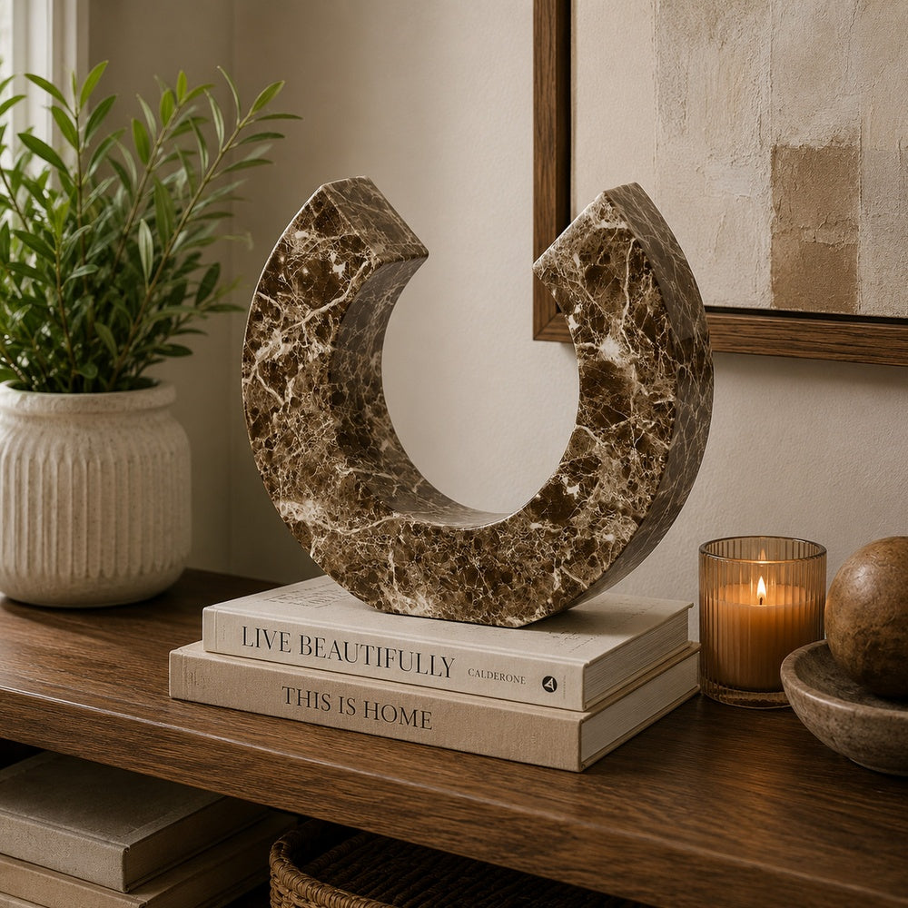 Tabletop Decor Accent, Open-Curved Frame, Brown Marble-Like Resin 14 Inch-BM353523