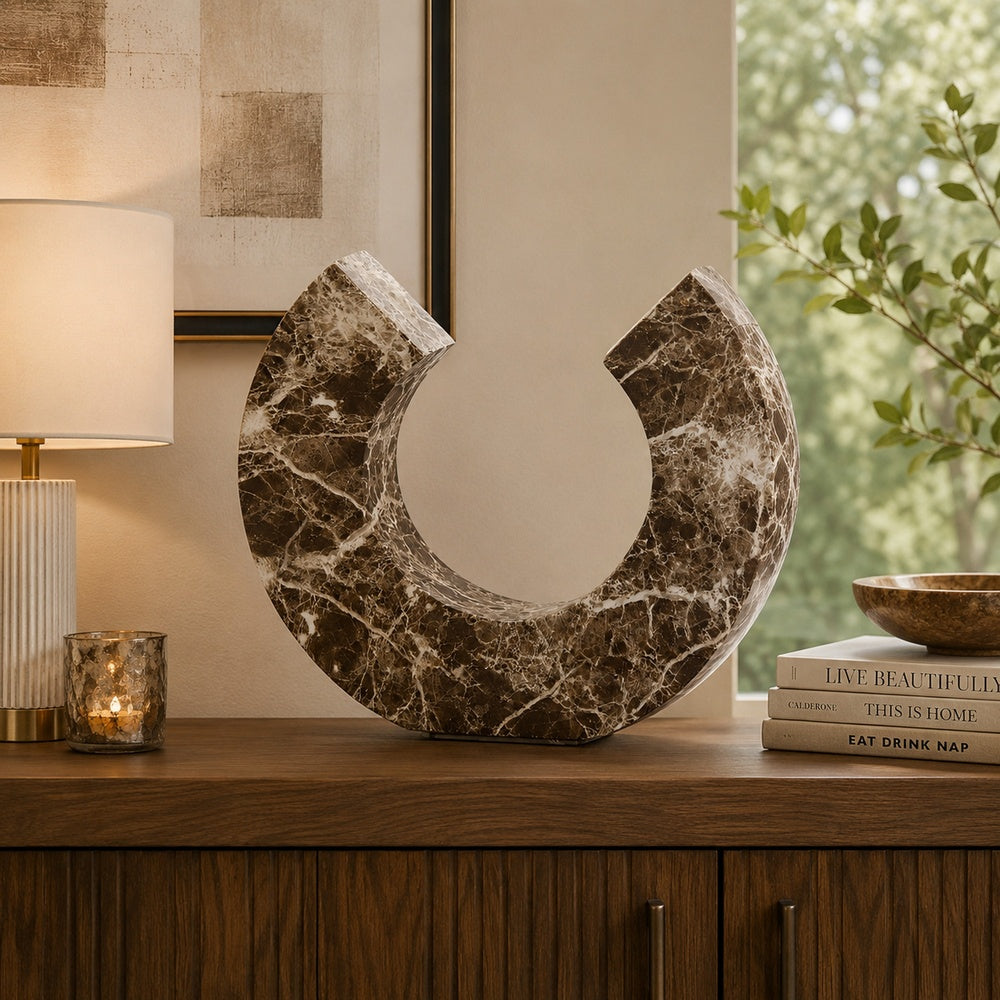 Tabletop Decor Accent, Open-Curved Frame, Brown Marble-Like Resin 17 Inch-BM353524