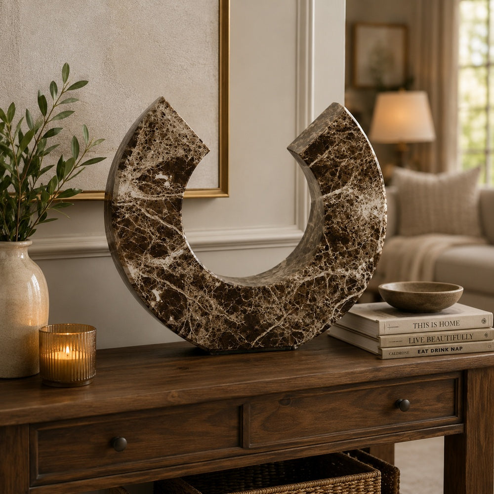 Tabletop Decor Accent, Open-Curved Frame, Brown Marble-Like Resin 17 Inch-BM353524