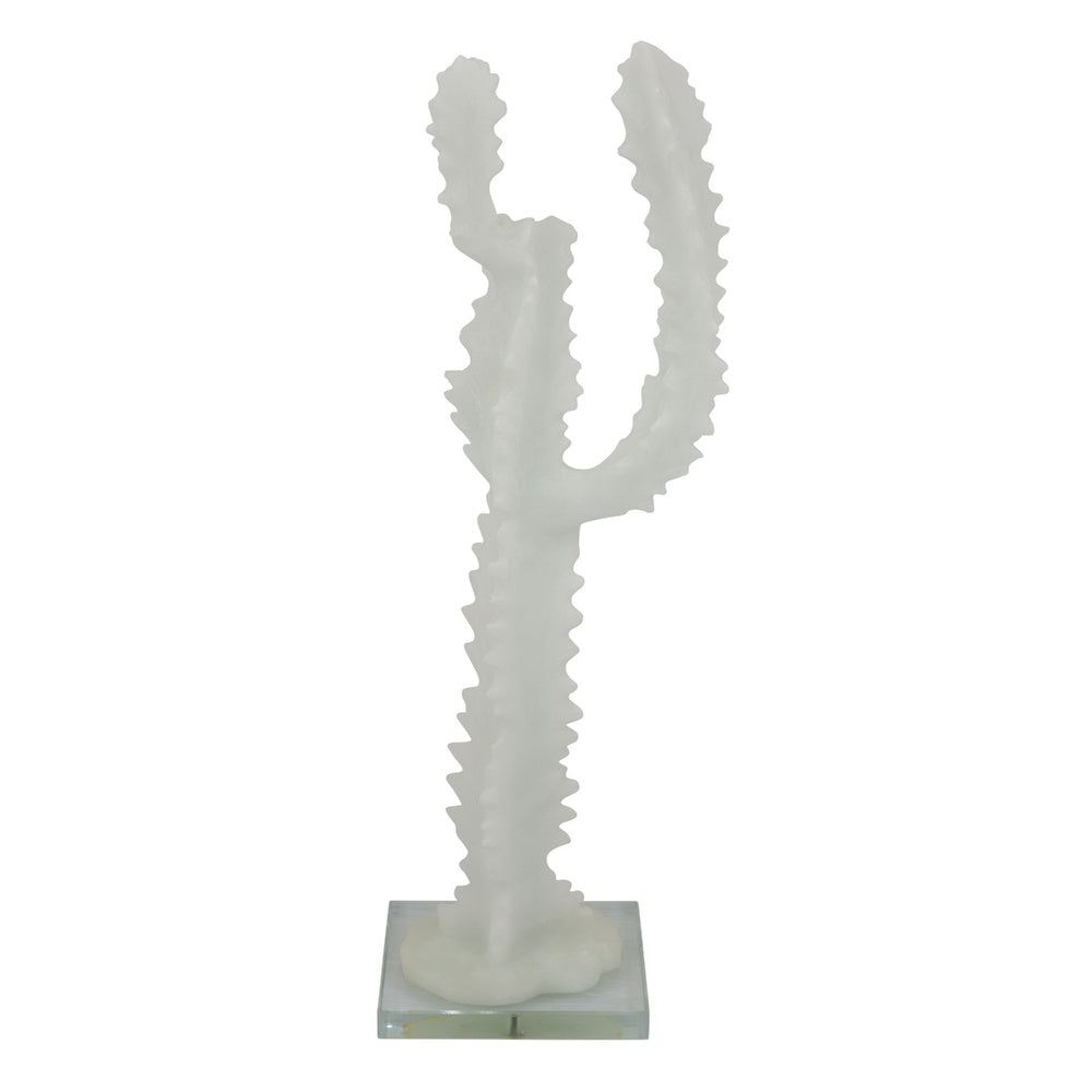 Erica Decorative Cactus Sculpture on Glass Base, White Resin 18 Inch-BM353525