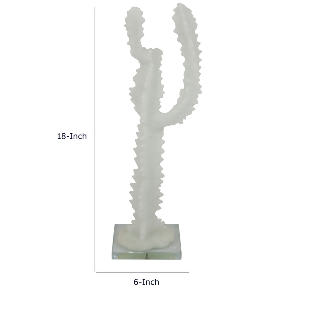 Erica Decorative Cactus Sculpture on Glass Base, White Resin 18 Inch-BM353525