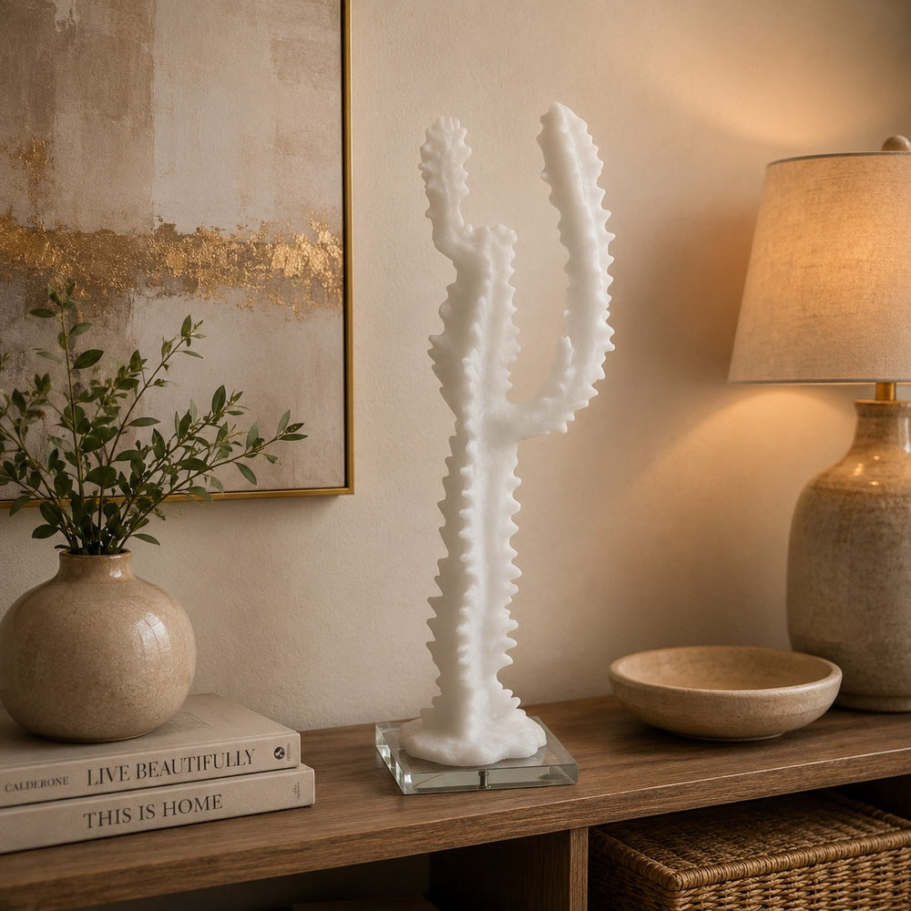 Erica Decorative Cactus Sculpture on Glass Base, White Resin 18 Inch-BM353525