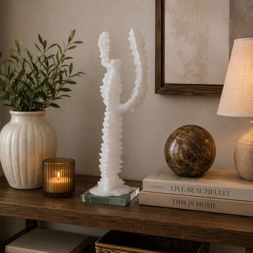 Erica Decorative Cactus Sculpture on Glass Base, White Resin 18 Inch-BM353525